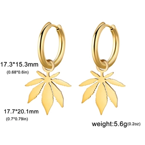 Detailed view of golden stainless steel hoop earrings with maple leaf charms and measurements