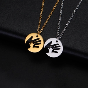 Stainless Steel Hand Holding Hollow Round Pendant Necklace For Mom Baby Mother's Love Parent Child Jewelry Gift