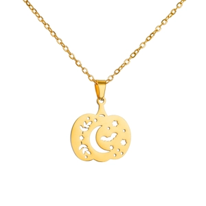 Gold stainless steel Halloween necklace featuring hollow pumpkin with moon and bat pendant