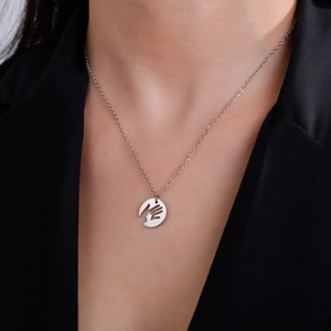 Minimalist stainless steel necklace with a hollow hands heart round pendant for women