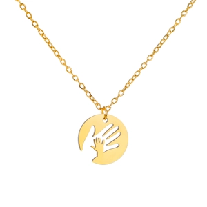 Golden stainless steel necklace featuring a round mother and child hands pendant