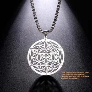 Collier Merkaba Fleur de Vie en acier inoxydable avec pendentif géométrique doré 18K