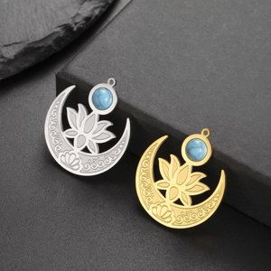 Pendentif Croissant de Lune et Lotus en Acier Inoxydable Avec Pierre Synthétique Bleue Ajouré Ethnique Bohème Accessoire de Création de Bijoux