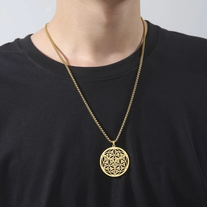 Collier avec pendentif Fleur de Vie Merkaba doré en acier inoxydable pour hommes