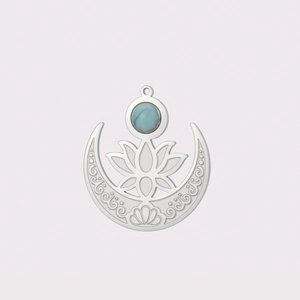 Détails du pendentif croissant de lune en argent avec lotus et pierre bleue ronde
