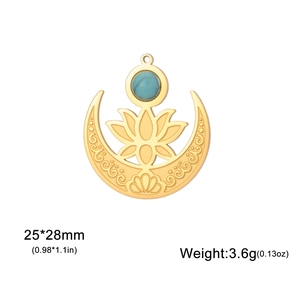 Pendentif lotus lune en acier doré 18K avec pierre verte, accessoire bijoux 25x28mm