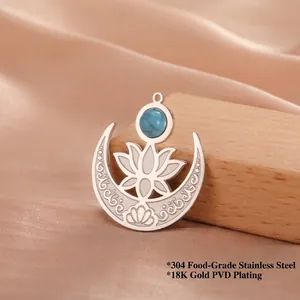 Pendentif lotus et croissant de lune en acier doré 18K avec pierre bleue
