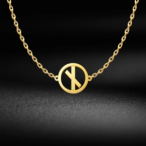 Detail of 18K gold-plated Viking Rune necklace showing the X symbol and O-chain texture