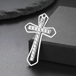 Vintage stainless steel cross pendant with white zircon inlay and polished silver finish