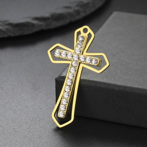 Golden stainless steel cross pendant with double-layered hollow design and zircon inlay
