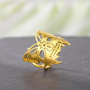 Anello teschio a farfalla traforato in acciaio inossidabile placcato oro 18K stile gotico