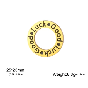 Detail view of 25mm Good Luck stainless steel charm with black engraved lettering