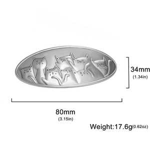 Silver alloy cat hair clip with dimensions 80mm length and 34mm height on white background