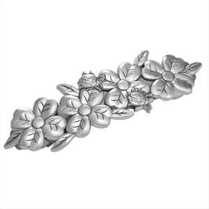 Detailed view of silver alloy hair clip featuring floral patterns and ladybug ornaments