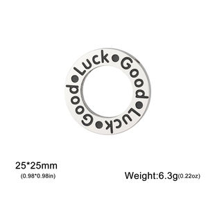 Polished stainless steel Good Luck round pendant showing 25mm dimensions and 6.3g weight