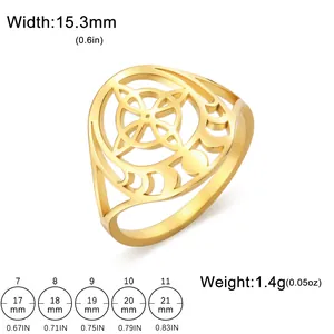 Detailed size guide for witch's knot ring showing width, weight, and inner diameters