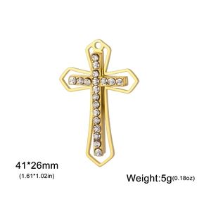 Detail of gold-plated hollow cross pendant with rhinestones measuring 41x26mm and 5g