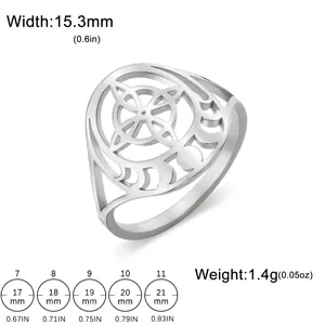 Vintage stainless steel witch knot ring size chart with width and weight details