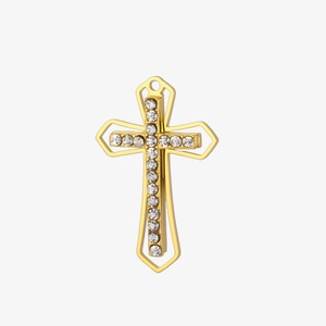 Detail view of double-layered gold cross pendant with cubic zirconia micro-inlay stones