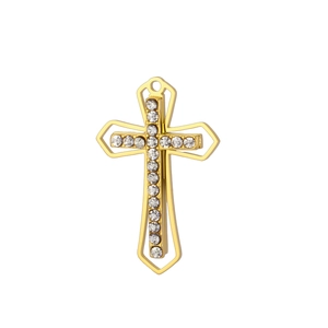 Detailed view of a gold-plated stainless steel hollow cross pendant with sparkling stones