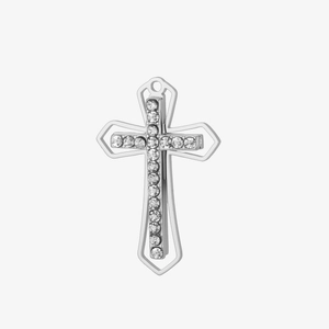 Close-up of a silver double-layered cross pendant with sparkling white rhinestones