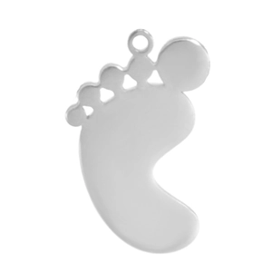 Detailed view of baby footprint shaped silver metal pendant with polished finish