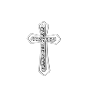 Detail view of a vintage silver cross pendant with sparkling rhinestone pavé setting