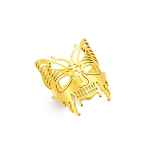 Anello regolabile in acciaio inossidabile placcato oro 18k con teschio e farfalla goth