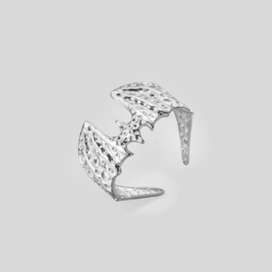 Detailed close-up of a silver bat-wing textured stainless steel open ring for men