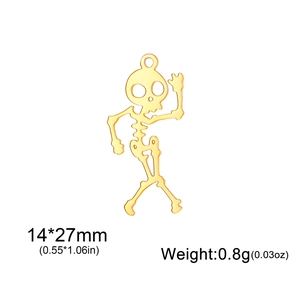 Detail view of 18K gold skeleton pendant showing 14x27mm size and 0.8g weight specs