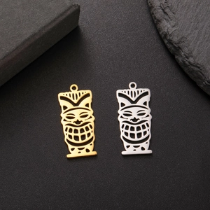 Detailed view of hollow out Tiki mask pendants in gold and silver plating