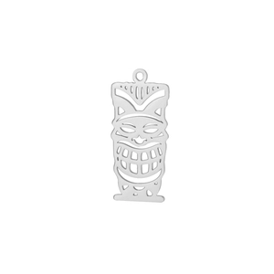 Detailed view of a silver hollow Tiki mask pendant with intricate tribal cutouts