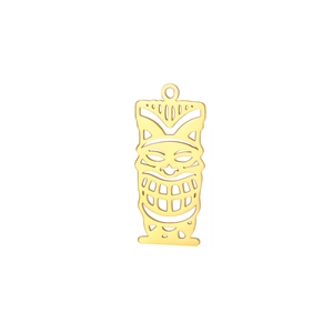 Detailed macro view of an 18K gold-plated Tiki mask pendant with hollow-out metal design