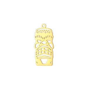Detailed view of 18K gold plated hollow Tiki mask pendant with tribal design and top ring