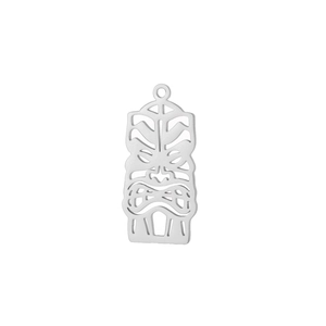 Macro shot of silver hollow-out Tiki mask pendant in polished stainless steel design