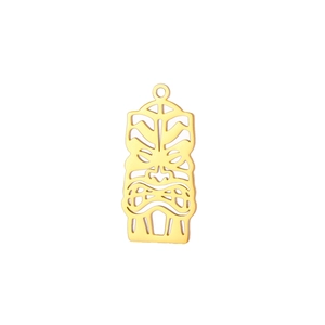 Detailed view of polished 18K gold plated hollow Tiki mask pendant in stainless steel