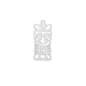 Detailed view of silver hollow-out tribal Tiki mask pendant made of titanium steel