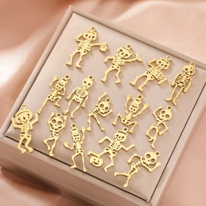 Halloween Stainless Steel Hollow Skeleton Pendant For Necklace Earring DIY Gothic Punk 18K Gold Plated Jewelry Charm