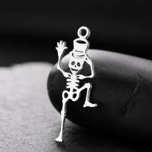 Polished silver 304 stainless steel dancing skeleton charm with top hat for DIY jewelry