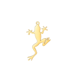 Macro detail of a golden frog lizard pendant showing smooth polished stainless steel finish