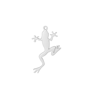 Polished silver stainless steel frog pendant with hanging ring on white background