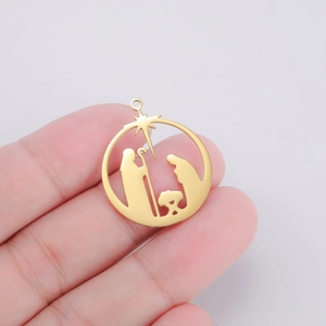 Handheld gold stainless steel Nativity pendant with Bethlehem star for DIY jewelry