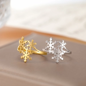 Adjustable stainless steel snowflake open rings in gold and silver finish for Christmas