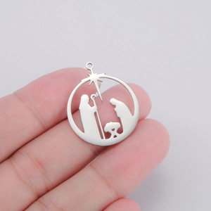 Handheld silver stainless steel Nativity scene pendant with hollow religious design