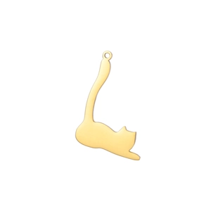 Polished gold kitten-shaped stainless steel charm with a curved tail and hanging loop