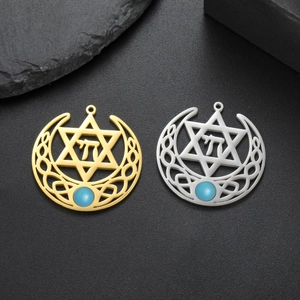 Colgante de Acero Inoxidable Estrella de David Luna Creciente Símbolo Hebreo Chai Piedra Azul Joyería Religiosa Étnica