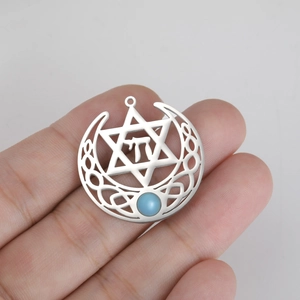 Colgante bohemio de acero inoxidable con hexagrama, luna e incrustación de gema azul
