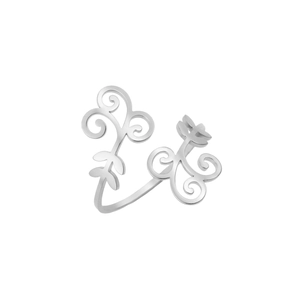 Polished stainless steel open ring with dragonfly and floral vine hollowed-out pattern