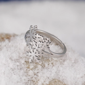 Adjustable stainless steel snowflake ring with triple layered winter charms for women