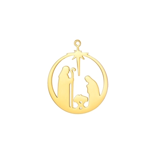 Golden stainless steel cutout religious pendant featuring a Holy Family Nativity silhouette